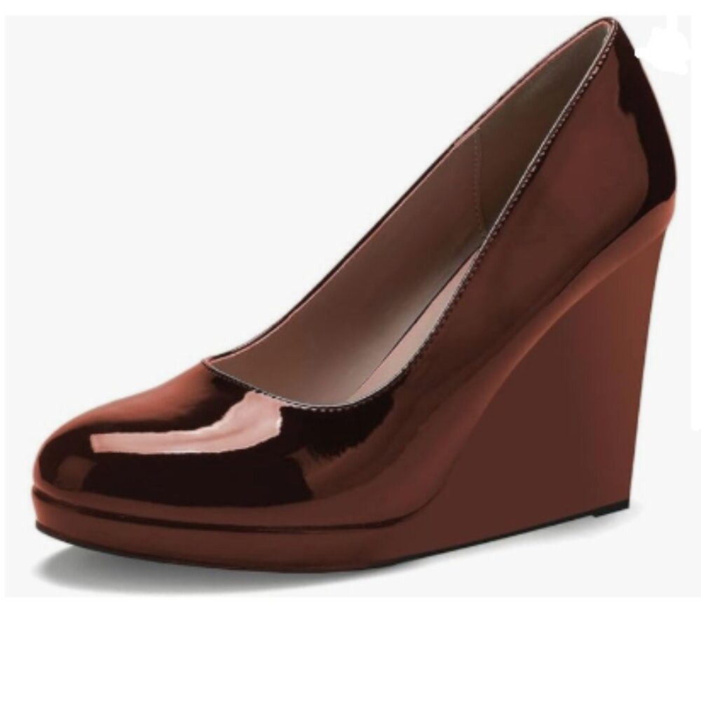 miss left Brown Rounded Closed Toe High Heel Pumps Slip On Wedges Heel Shoes
